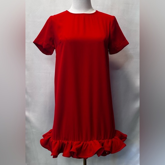 Anthropologie Vineet Bahl Vibrant Red Ruffled Hem Short Sleeve Mini Dress  XXS - Picture 3 of 8